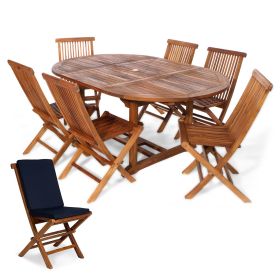 7-Piece Oval Extension Table Folding Chair Set with Blue Cushions