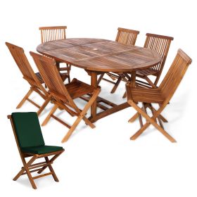 7-Piece Oval Extension Table Folding Chair Set with Green Cushions