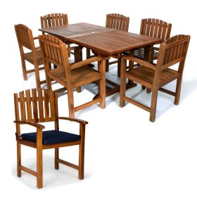 7-Piece Twin Butterfly Leaf Teak Extension Table Dining Chair Set with Blue Cushions