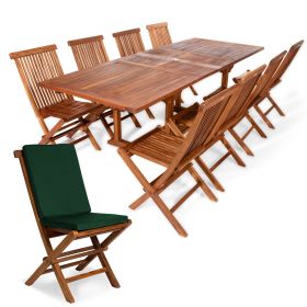 9-Piece Twin Butterfly Leaf Teak Extension Table Folding Chair Set with Green Cushions