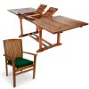 7-Piece Twin Butterfly Leaf Teak Extension Table Stacking Chair Set with Green Cushions