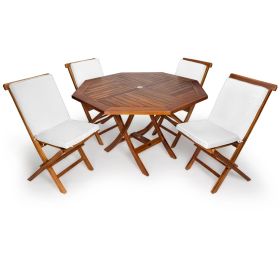 5-Piece 4-ft Teak Octagon Folding Table Set with White Cushions