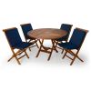 5-Piece 4-ft Teak Round Folding Table Set with Blue Cushions