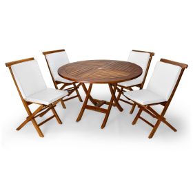 5-Piece 4-ft Teak Round Folding Table Set with White Cushions