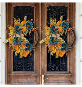 Thanksgiving Blue Sunflower Wreath Patio Leopard Ribbon Deadwood Door Hanging Decoration Simulated Flower Rattan Wreath Wall Hanging - K2-36