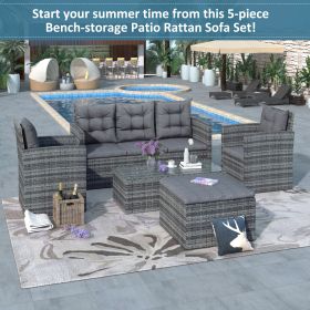 5-piece Outdoor UV-Resistant Patio Sofa Set with Storage Bench All Weather PE Wicker Furniture Coversation Set with Glass Table, Gray - Gray