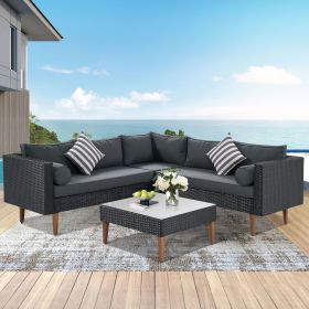 4-pieces Outdoor Wicker Sofa Set;  Patio Furniture with Colorful Pillows;  L-shape sofa set;  Gray cushions and Black Rattan - Black+ Gray