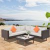 4-pieces Outdoor Wicker Sofa Set;  Patio Furniture with Colorful Pillows;  L-shape sofa set;  Gray cushions and Black Rattan - Beige