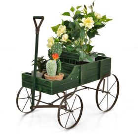 Wooden Wagon Plant Bed with Metal Wheels for Garden Yard Patio - Green