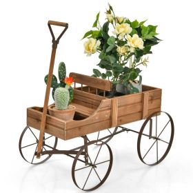 Wooden Wagon Plant Bed with Metal Wheels for Garden Yard Patio - Brown