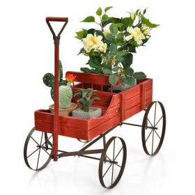 Wooden Wagon Plant Bed with Metal Wheels for Garden Yard Patio - Red