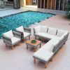 9-Piece Outdoor Patio Garden Wicker Sofa Set, Gray PE Rattan Sofa Set, with Wood Legs, Acacia Wood Tabletop, Armrest Chairs with Beige Cushions - Beig