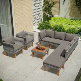 9-Piece Outdoor Patio Garden Wicker Sofa Set, Gray PE Rattan Sofa Set, with Wood Legs, Acacia Wood Tabletop, Armrest Chairs with Beige Cushions - Gray