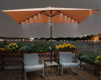 10 x 6.5t Rectangular Patio Solar LED Lighted Outdoor Market Umbrellas with Crank &amp; Push Button Tilt for Garden Shade Outside Swimming Pool RT - W