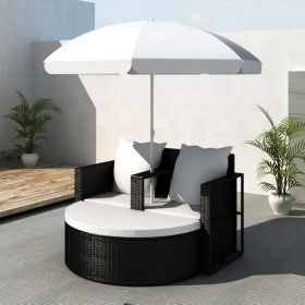 Patio Bed with Parasol Black Poly Rattan - Black