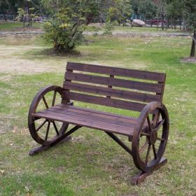 2-Person Seat Bench with Backrest Wooden Wagon Wheel Bench, Rustic Outdoor Patio Furniture-AS - as picture