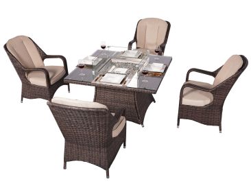 Turnbury Outdoor 5 Piece Patio Wicker Gas Fire Pit Set Square Table with Arm Chairs by Direct Wicker - 5 Pieces