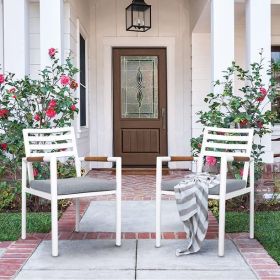 2Pcs Aluminum Teak Dining Chair;  Patio Armchair with Cushion for Indoor or Outdoor; White - White