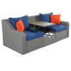 Patio Furniture Sets, 3-Piece Patio Wicker Sofa with Cushions, Pillows, Ottomans and Lift Top Coffee Table - Blue