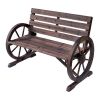 2-Person Seat Bench with Backrest Wooden Wagon Wheel Bench, Rustic Outdoor Patio Furniture-AS - as picture