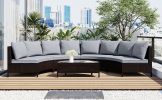 5 Pieces All-Weather Brown PE Rattan Wicker Sofa Set Outdoor Patio Sectional Furniture Set Half-Moon Sofa Set with Tempered Glass Table - Gray