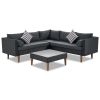 4-pieces Outdoor Wicker Sofa Set;  Patio Furniture with Colorful Pillows;  L-shape sofa set;  Gray cushions and Black Rattan - Black+ Gray