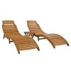 Outdoor Patio Wood Portable Extended Chaise Lounge Set with Foldable Tea Table for Balcony; Poolside; Garden - Brown