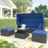 Outdoor Patio Rectangle Daybed with Retractable Canopy, Wicker Furniture Sectional Seating with Washable Cushions, Backyard, Porch - Blue