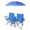 Double Folding Picnic Chairs w/Umbrella Mini Table Beverage Holder Carrying Bag for Beach Patio Pool Park Outdoor Portable Camping Chair (Blue) - Blue