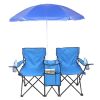 Double Folding Picnic Chairs w/Umbrella Mini Table Beverage Holder Carrying Bag for Beach Patio Pool Park Outdoor Portable Camping Chair (Blue) - Blue