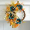 Thanksgiving Blue Sunflower Wreath Patio Leopard Ribbon Deadwood Door Hanging Decoration Simulated Flower Rattan Wreath Wall Hanging - K2-36