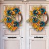 Thanksgiving Blue Sunflower Wreath Patio Leopard Ribbon Deadwood Door Hanging Decoration Simulated Flower Rattan Wreath Wall Hanging - K2-36