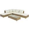 Patio 3-Piece Rattan Sofa Set All Weather PE Wicker Sectional Set with Adjustable Chaise Lounge Frame and Tempered Glass Table, Natural Brown+ Beige C