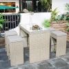 5-piece Rattan Outdoor Patio Furniture Set Bar Dining Table Set with 4 Stools - Brown Cushion+Brown Wicker