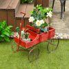 Wooden Wagon Plant Bed with Metal Wheels for Garden Yard Patio - Red