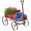 Wooden Wagon Plant Bed with Metal Wheels for Garden Yard Patio - Red