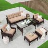 6-Piece Outdoor Patio PE Wicker Rattan Sofa Set Dining Table Set with Removable Cushions and Tempered Glass Tea Table for Backyard;  Poolside;  Deck -