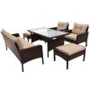 6-Piece Outdoor Patio PE Wicker Rattan Sofa Set Dining Table Set with Removable Cushions and Tempered Glass Tea Table for Backyard;  Poolside;  Deck -