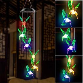 LED Colorful Solar Power Wind Chime Crystal Hummingbird Butterfly Waterproof Outdoor Windchime Solar Light for Garden outdoor (Ships From: China, Emitting Color: 01)