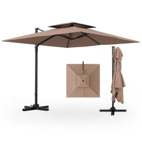 9.5 Feet Cantilever Patio Umbrella with 360° Rotation and Double Top (Color: Coffee)